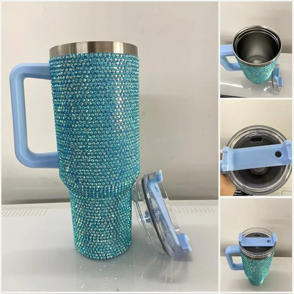 BLUE RHINESTONE 40oz TUMBLER WITH HANDLE- BLING CUP - Picture 2 of 6